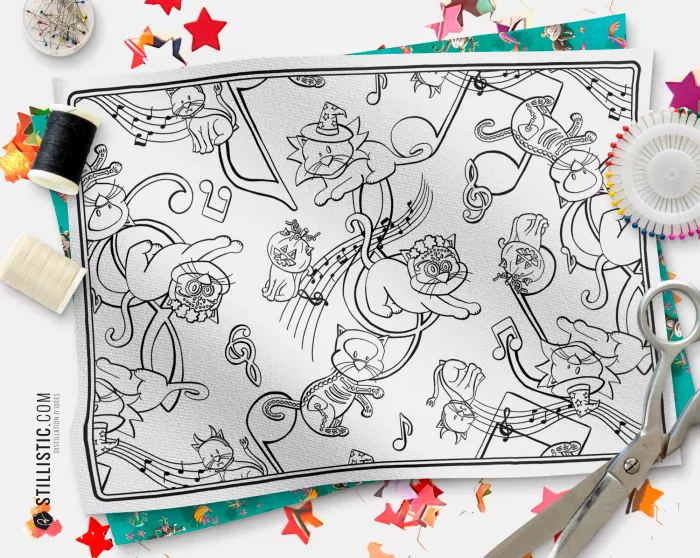 Coupon tissu Set de table Motif Chats Bal masqué Halloween tissu