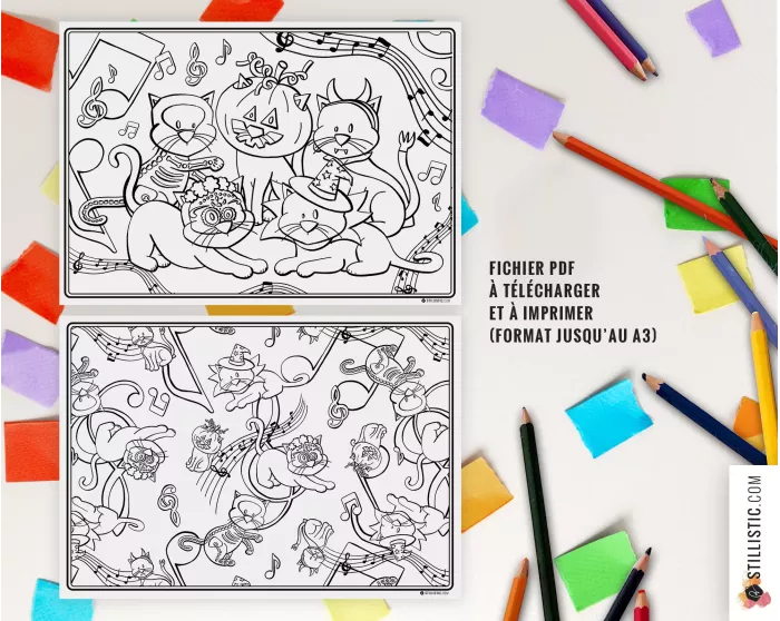 Set de table Bal masqué chats Halloween à imprimer et colorier