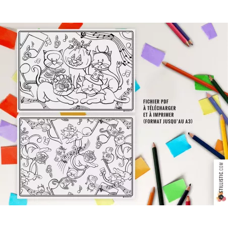 Set de table Bal masqué chats Halloween à imprimer et colorier