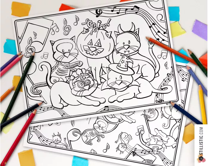 Set de table Bal masqué chats Halloween à imprimer et colorier