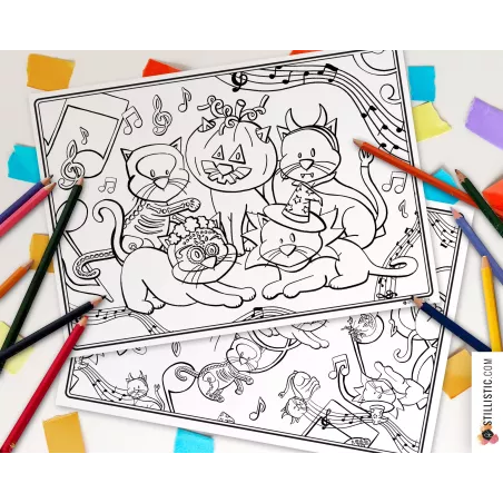 Set de table Bal masqué chats Halloween à imprimer et colorier