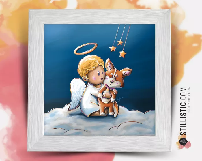 Cadre carré avec Illustration  Chiot Corgi et Ange pour Chambre Enfant bébé 25x25cm