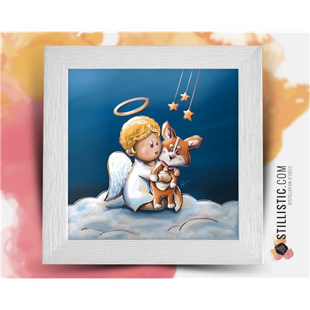 Cadre carré avec Illustration  Chiot Corgi et Ange pour Chambre Enfant bébé 25x25cm