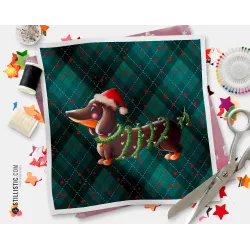 Coupon illustré Teckel Noël bonnet  coton ou minky