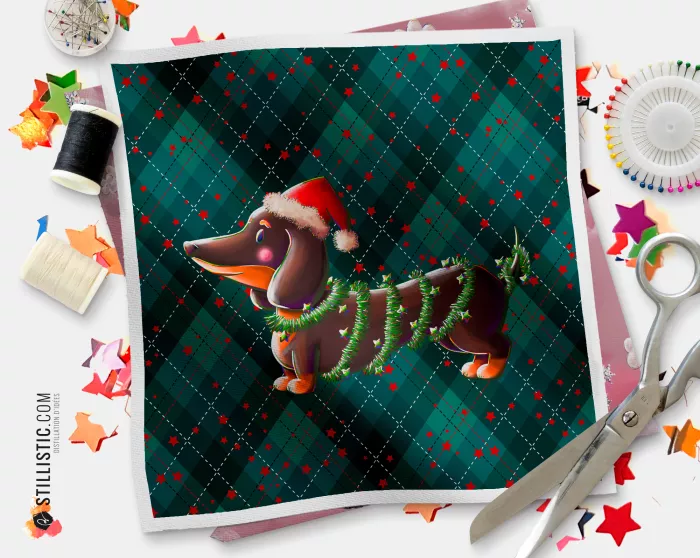 Coupon illustré Teckel Noël bonnet  coton ou minky