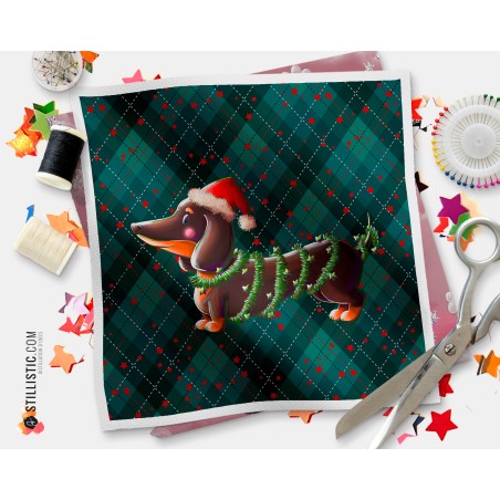 Coupon illustré Teckel Noël bonnet  coton ou minky