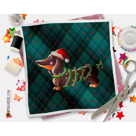 Coupon illustré Teckel Noël bonnet  coton ou minky