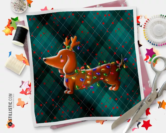 Coupon illustré Teckel Noël renne coton ou minky