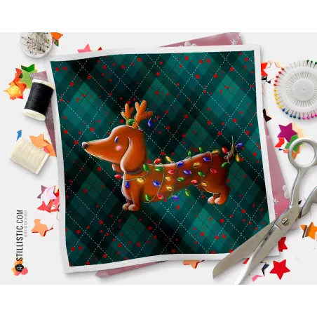 Coupon illustré Teckel Noël renne coton ou minky