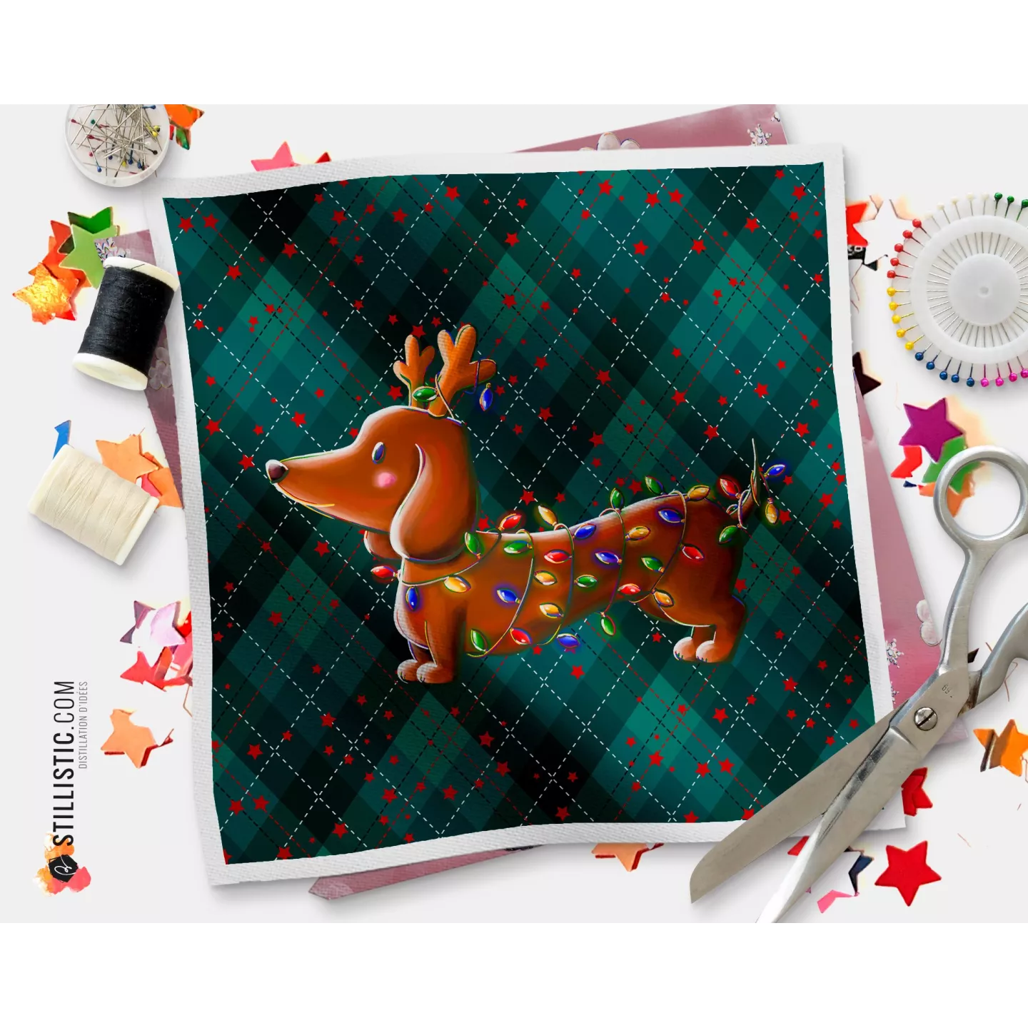 Coupon illustré Teckel Noël renne coton ou minky