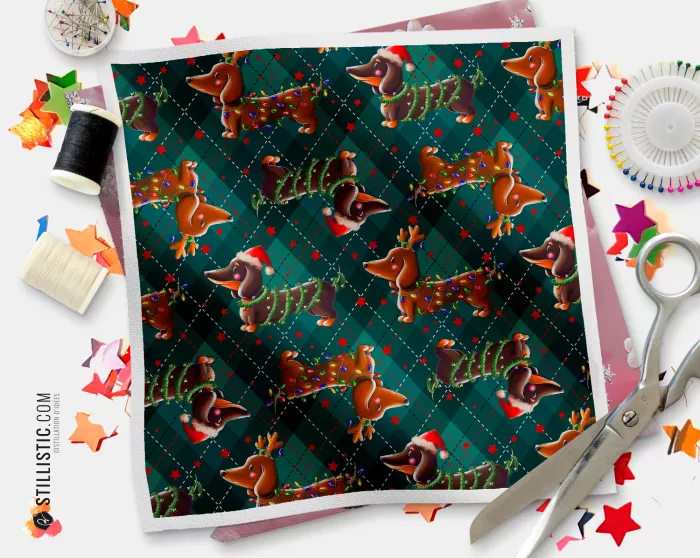 Coupon illustré Teckel Noël tissu coton ou minky