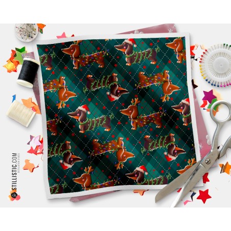 Coupon illustré Teckel Noël tissu coton ou minky