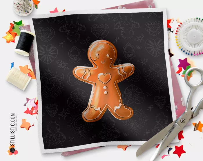 Coupon illustré Bonhomme Ex-Votos Pain d'épices Noël tissu coton ou minky