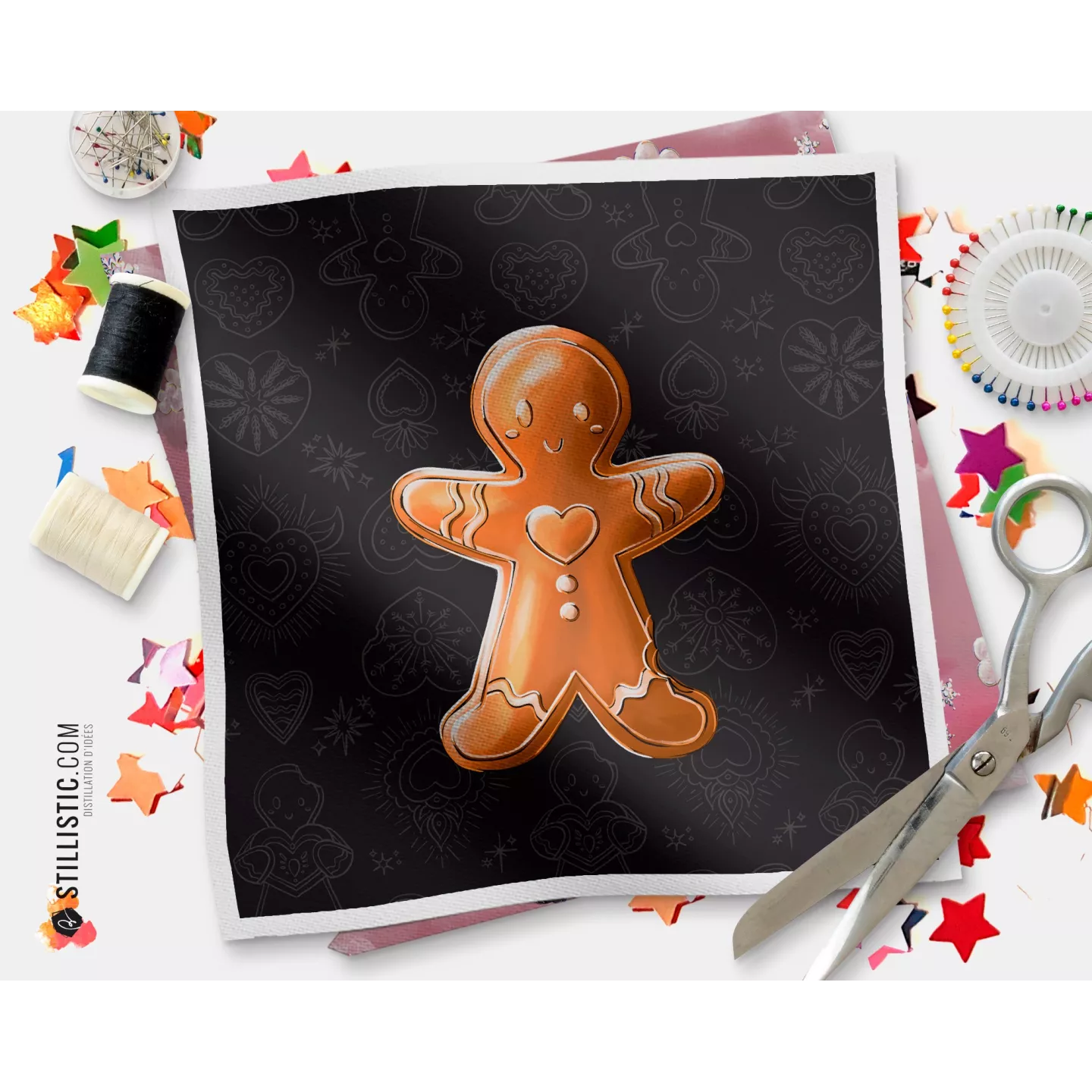 Coupon illustré Bonhomme Ex-Votos Pain d'épices Noël tissu coton ou minky