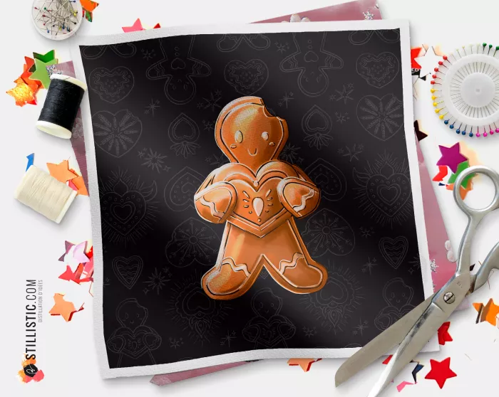 Coupon illustré Bonhomme croqué Ex-Votos Noël tissu coton ou minky