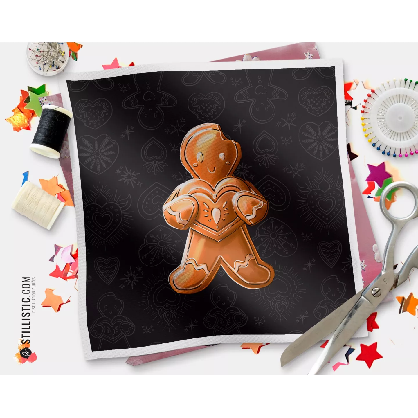 Coupon illustré Bonhomme croqué Ex-Votos Noël tissu coton ou minky