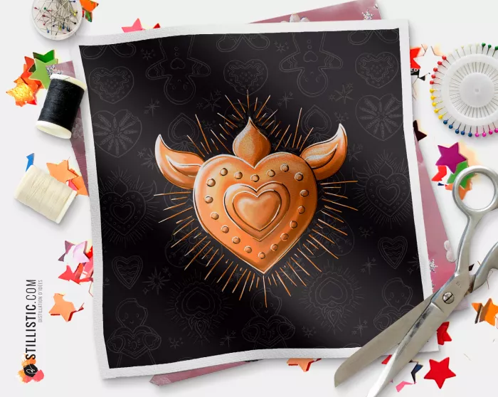 Coupon illustré Cœur Ex-voto Noël tissu coton ou minky