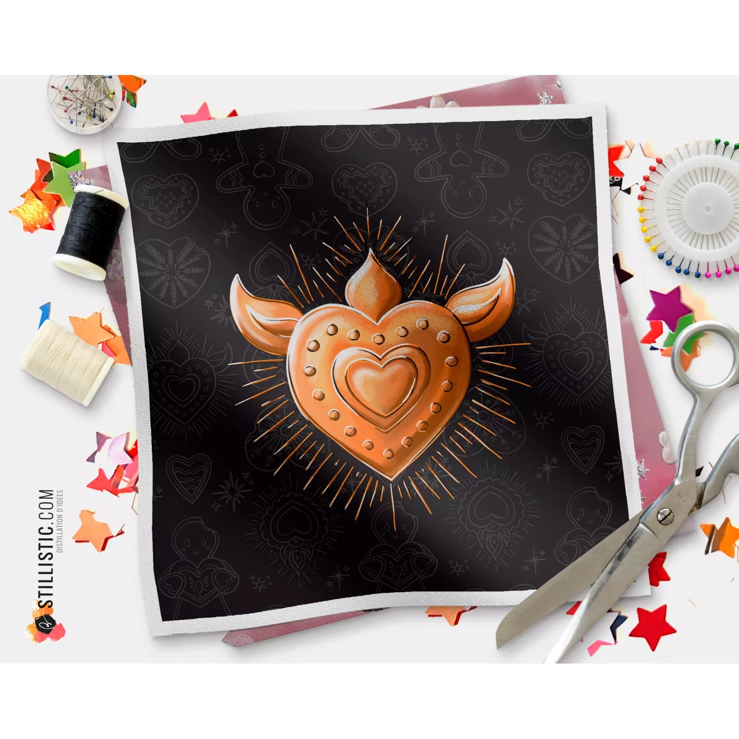 Coupon illustré Cœur Ex-voto Noël tissu coton ou minky