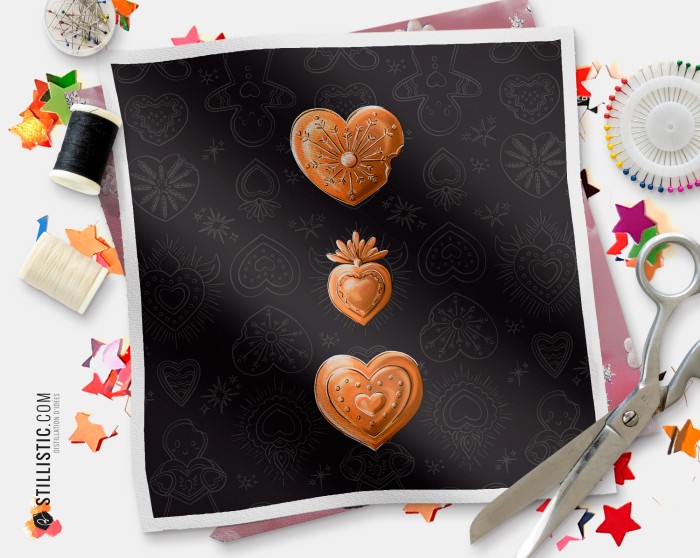 Coupon illustré Petits Cœurs Ex-voto Noël tissu coton ou minky