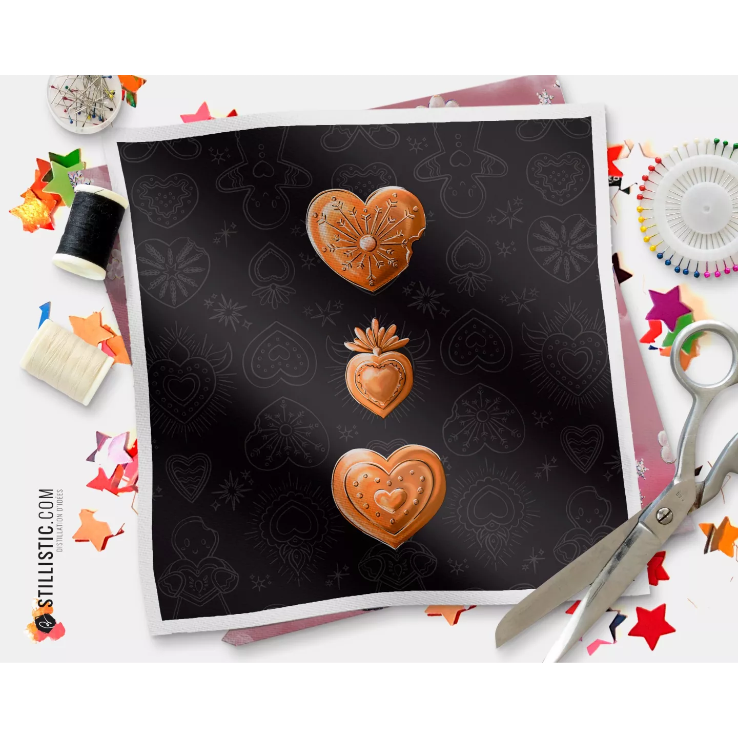 Coupon illustré Petits Cœurs Ex-voto Noël tissu coton ou minky