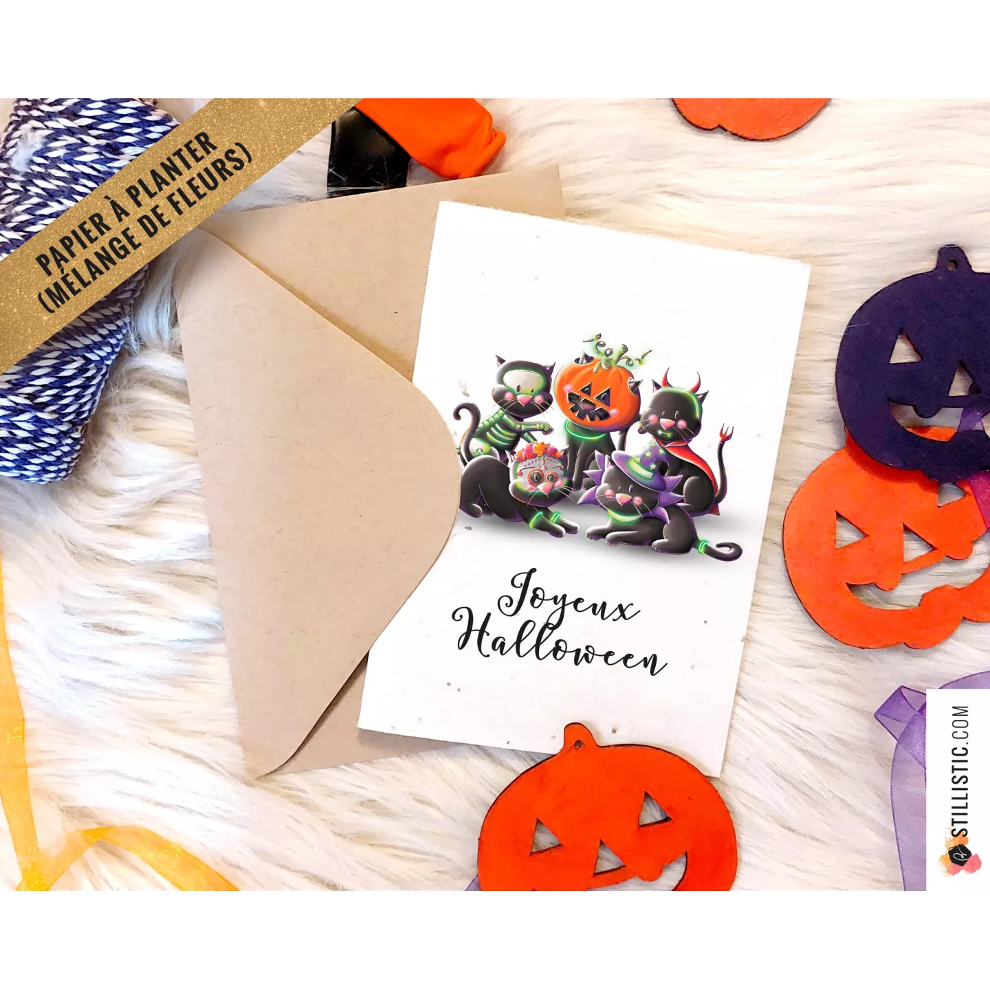 Carte de voeux à planter Chat Bal masqué + enveloppe