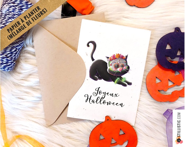 Carte de voeux à planter Chat Dia de los muertos + enveloppe