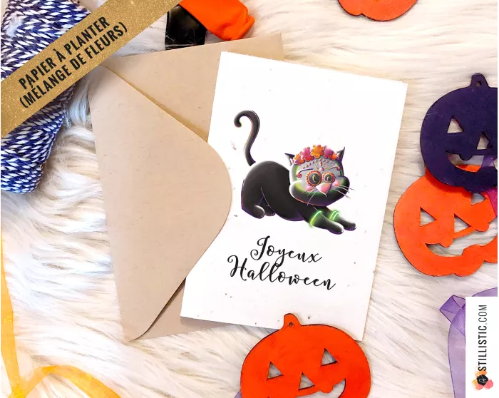 Carte de voeux à planter Chat Dia de los muertos + enveloppe