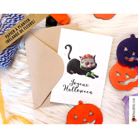 Carte de voeux à planter Chat Dia de los muertos + enveloppe