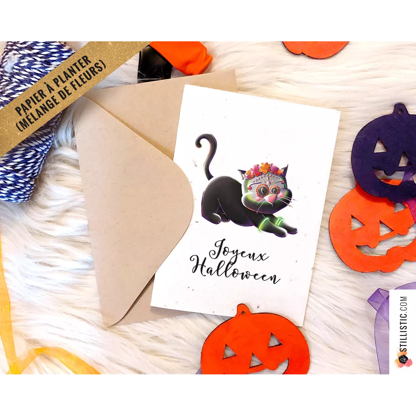 Carte de voeux à planter Chat Dia de los muertos + enveloppe
