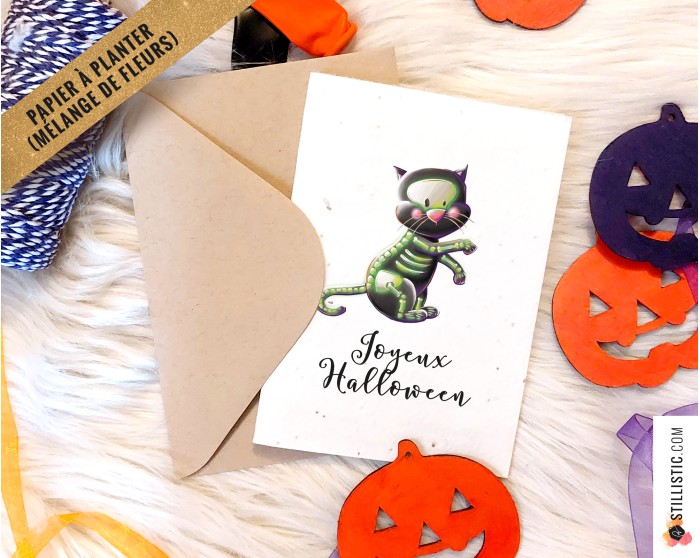 Carte de voeux à planter Chat Squelette Halloween  + enveloppe