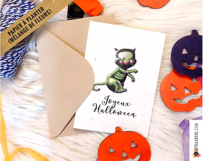 Carte de voeux à planter Chat Squelette Halloween  + enveloppe