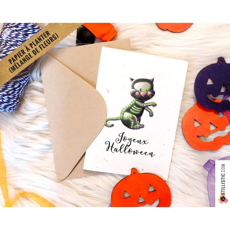 Carte de voeux à planter Chat Squelette Halloween  + enveloppe