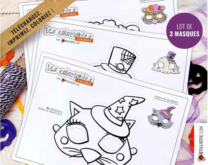 Lot 3 Masques enfant Halloween Fantôme Magicien Dia de los Muertos à imprimer et colorier