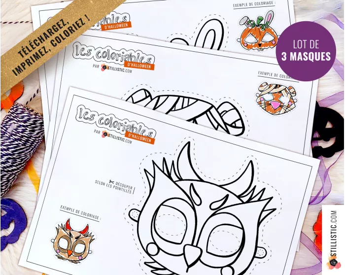 Lot 3 Masques enfant Halloween Hibou Lapin citrouille Tigre momie à imprimer et colorier