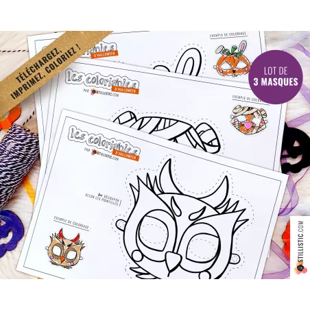 Lot 3 Masques enfant Halloween Hibou Lapin citrouille Tigre momie à imprimer et colorier