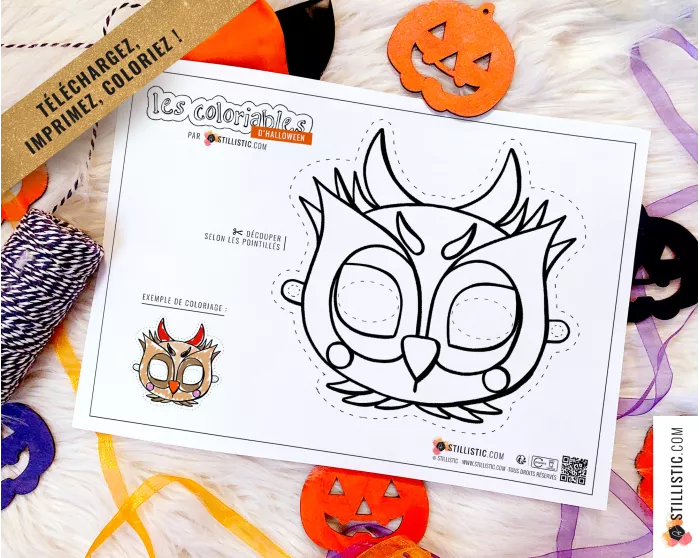 Masques coloriables Fantôme + Hibou + Lapin Citrouille + Tigre Momie + Chat Magicien + Chauve + Souris Dia de los muertos