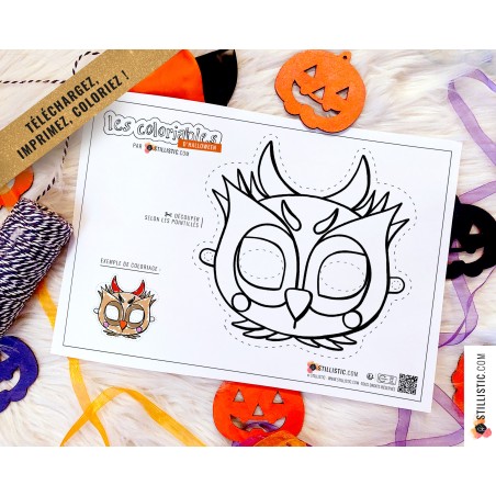 Masques coloriables Fantôme + Hibou + Lapin Citrouille + Tigre Momie + Chat Magicien + Chauve + Souris Dia de los muertos
