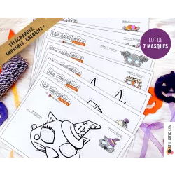 Masques coloriables Fantôme + Hibou + Lapin Citrouille + Tigre Momie + Chat Magicien + Chauve + Souris Dia de los muertos