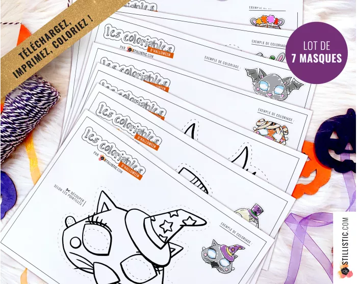 Masques coloriables Fantôme + Hibou + Lapin Citrouille + Tigre Momie + Chat Magicien + Chauve + Souris Dia de los muertos