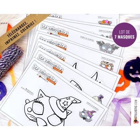 Masques coloriables Fantôme + Hibou + Lapin Citrouille + Tigre Momie + Chat Magicien + Chauve + Souris Dia de los muertos
