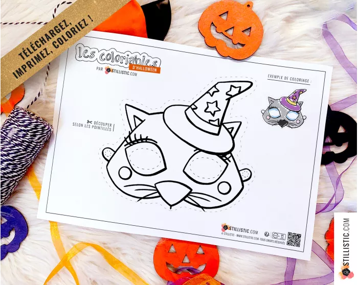 Masque enfant coloriable Chat magicien Halloween