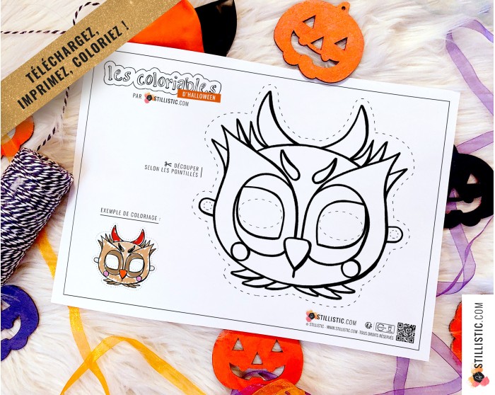 Masque enfant coloriable Hibou Halloween