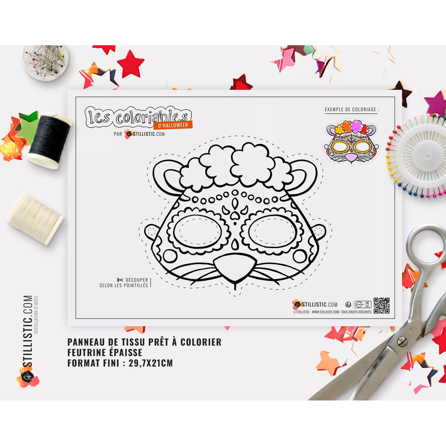 Masque Souris Dia de los muertos  coloriable en Feutrine