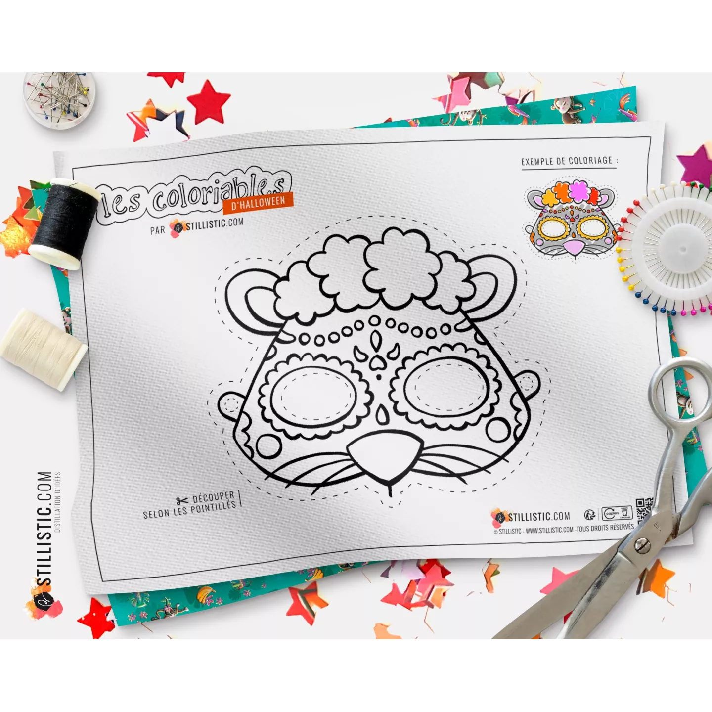 Masque Souris Dia de los muertos  coloriable en Feutrine