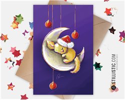 Carte de voeux papier 350g avec Illustration Originale Fennec Lune et boules de Noël pour Nouvel An Fêtes de fin d'année