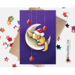 Carte de voeux papier 350g avec Illustration Originale Fennec Lune et boules de Noël pour Nouvel An Fêtes de fin d'année