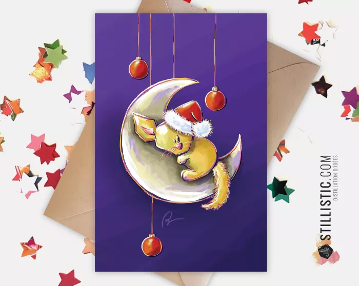 Carte de voeux papier 350g avec Illustration Originale Fennec Lune et boules de Noël pour Nouvel An Fêtes de fin d'année