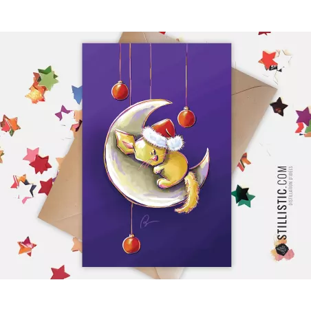 Carte de voeux papier 350g avec Illustration Originale Fennec Lune et boules de Noël pour Nouvel An Fêtes de fin d'année