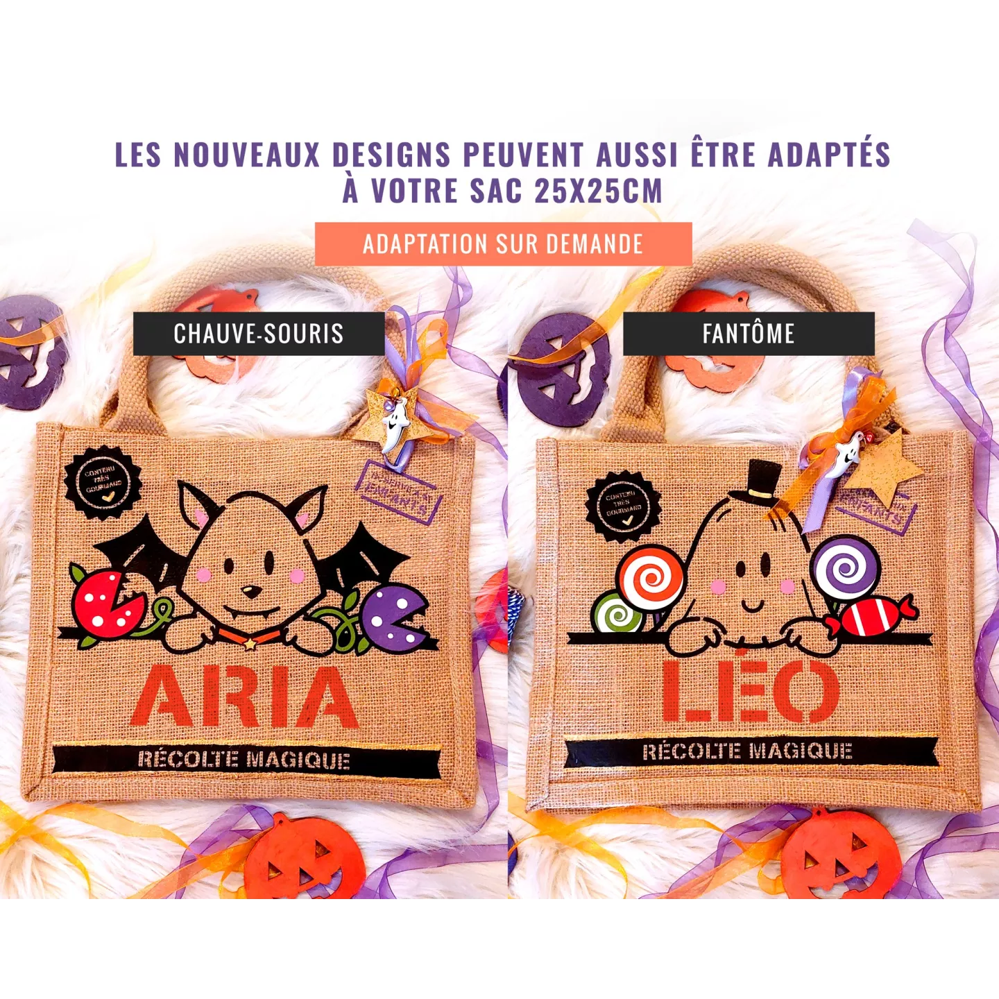 Sac Halloween toile de jute personnalisé prénom enfant Chat