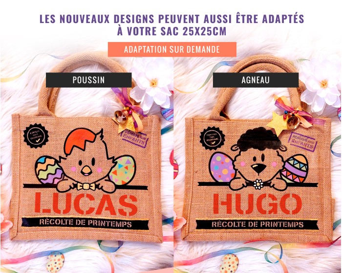 Sac Pâques toile de jute personnalisé prénom enfant Lapin agneau ou poussin